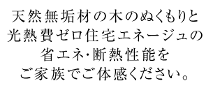 天然無垢材の木のぬくもりと光熱費ゼロ住宅エネージュの省エネ・断熱性能をご家族でご体感ください。